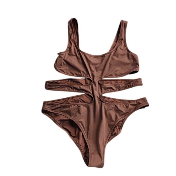 SKIMS Womens One Piece Monokini Swimsuit, Cut Outs, Brown, Plus Size Swim, 3X - Picture 1 of 9